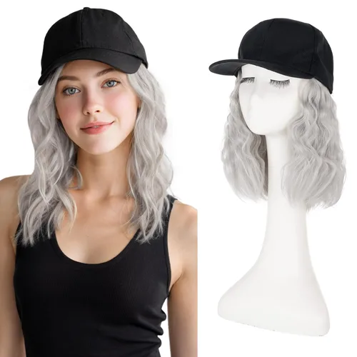 Miniatura 7 de S-noilite Peluca de gorra de béisbol con extensiones de cabello, 8 pulgadas, corta, rizada, ondulada, estilo Bob, peinado, ajustable, con cabello