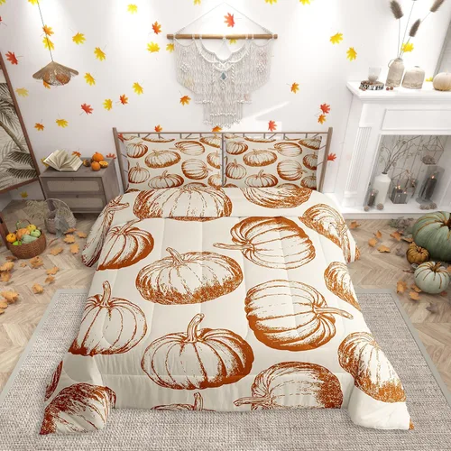 Miniatura 19 de Erosebridal Juego de edredón individual de pavo de Acción de Gracias, juego de ropa de cama de calabaza con hojas de otoño para niños y adultos