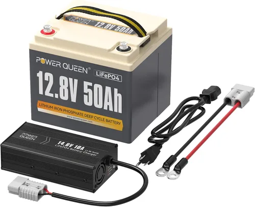 Power Queen Batería LiFePO4 de 12.8 V 50 Ah con cargador de batería LiFePO4 de 14.6 V 10 A, BMS integrado de 50 A, batería de ciclo profundo de