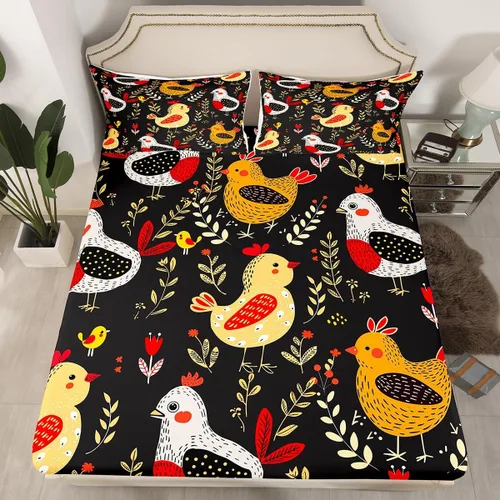 Miniatura 2 de Erosebridal Juego de sábanas tamaño matrimonial de gallo, diseño de animales de granja, estilo rural, rústico, juego de sábanas de pájaros Color 25
