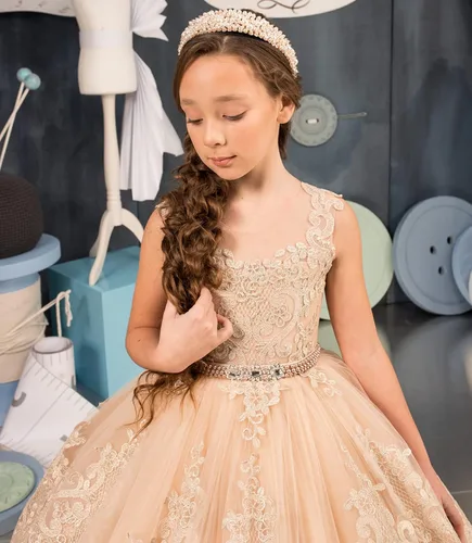 Miniatura 2 de Uzqast Apliques de encaje vestidos de niña de flores de tul princesa vestido de fiesta de boda con cinturón de perlas