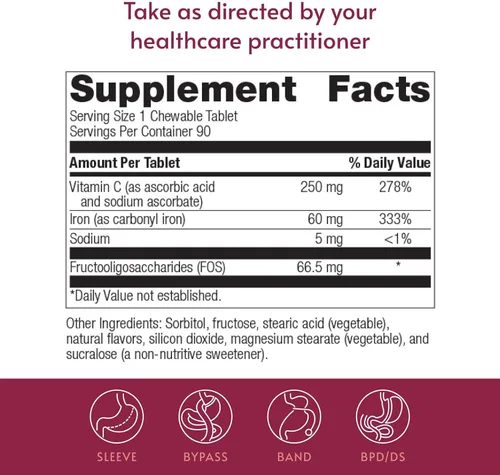 Miniatura 4 de Bariatric Advantage Hierro masticable de 60 mg con vitamina C para una mayor absorción y utilización, fácilmente digerible para pacientes