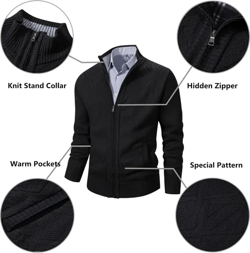 Miniatura 54 de VtuAOL Suéteres tipo cárdigan para hombre, con cremallera completa, cuello alto, cárdigan de punto casual con bolsillos