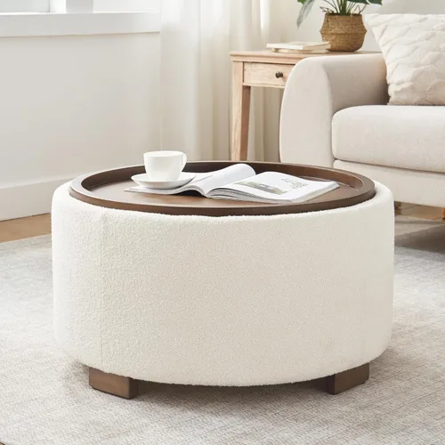 Zihanhome Mesa de Centro Otomana de Almacenamiento Redonda de 30 Pulgadas, Otomana Boucle Moderna con Tapa Desmontable y Patas de Madera Maciza para