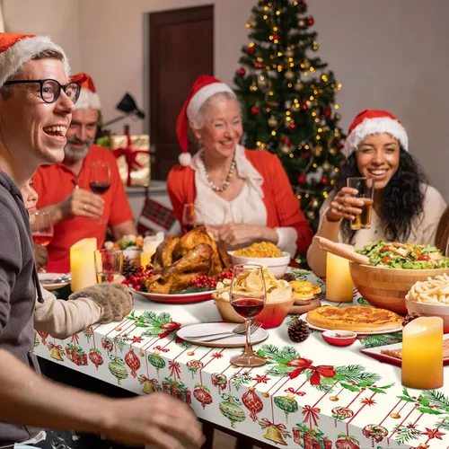 Miniatura 6 de Frienda Paquete de 3 manteles de plástico para Navidad, mantel de Navidad desechable rectangular para decoración de fiesta de Navidad, suministros