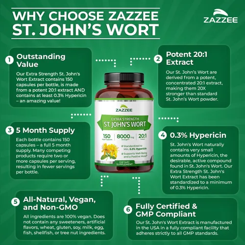 Miniatura 6 de Zazzee Extracto 20:1 de hierba de San Juan extra fuerte, 8000 mg de fuerza, 0.3% de hipericina, 150 cápsulas veganas, suministro de 5 meses