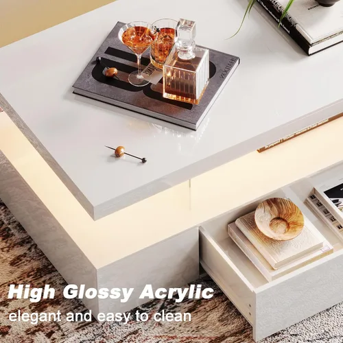 Miniatura 5 de ChooChoo Mesa de centro moderna con LED, mesa central de alto brillo con cajón, mesa auxiliar rectangular con almacenamiento para sala de estar