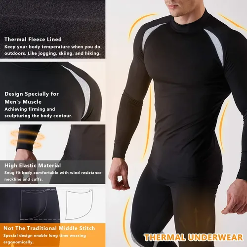 Miniatura 3 de Muezna Conjunto térmico para hombre con parte superior e inferior, capa base larga con forro polar suave