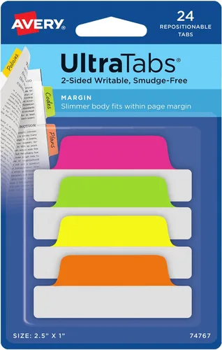 Miniatura 11 de Avery, pestañas para margen Ultra, 2.5 pulgadas x 1 pulgada, escritura en ambos lados, varios metálicos, 24 pestañas de página reposicionables