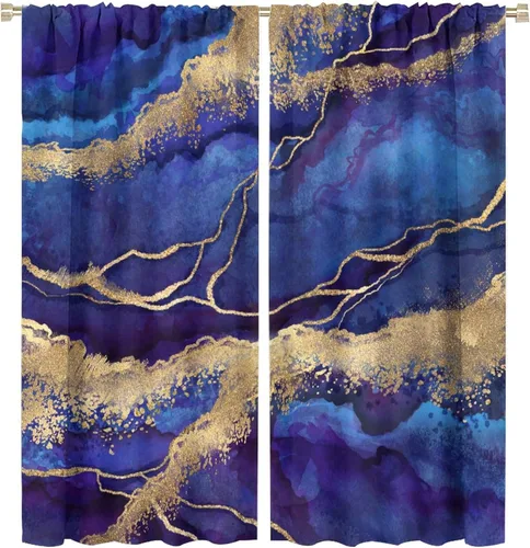Miniatura 14 de Cortinas abstractas de mármol de lujo de lujo azul marino dorado a rayas con patrón de mármol estampado para dormitorio, sala de estar, cortinas