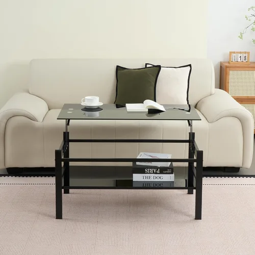 Miniatura 9 de Mesa de centro elevable con almacenamiento, mesas de centro modernas de vidrio negro para sala de estar, 37.8 pulgadas rectangular de vidrio