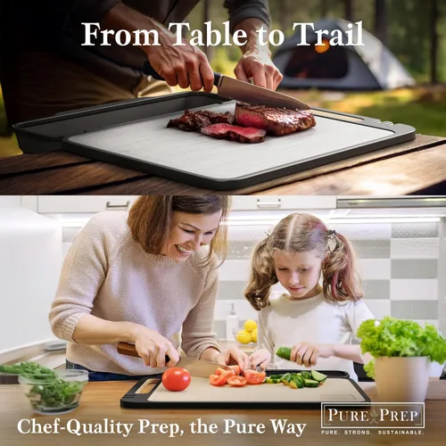 Miniatura 7 de PURE-PREP Tablas de Cortar de Titanio para Cocina - Tabla de Cortar de Doble Cara de Titanio Puro/Paja de Trigo PP con Bandeja Plegable, Rallador