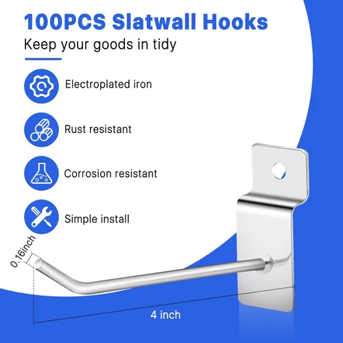 Miniatura 3 de 100 ganchos de pared de 4 pulgadas, ganchos plateados resistentes para paneles de pared de tablones, tableros de clavijas y paneles de rejilla
