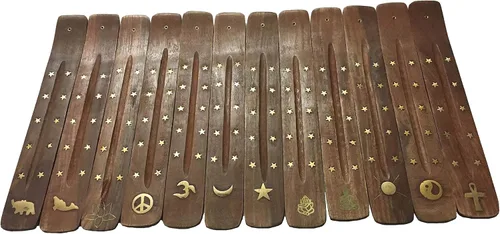 Vrinda® Soporte de incienso de madera hecho a mano con diseño de incrustaciones surtidas, quemador de incienso, ideal para aromaterapia, meditación,