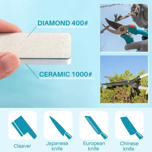 Miniatura 4 de Patelai 2 piezas mini afilador de cuchillos de bolsillo de piedra de doble cara portátil afilador piedra de afilar diamante cerámica afilar