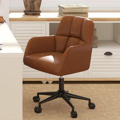 Miniatura 8 de HNY Silla de escritorio moderna de piel sintética, altura ajustable, cómoda silla giratoria de maquillaje con ruedas para sala de estar, computadora