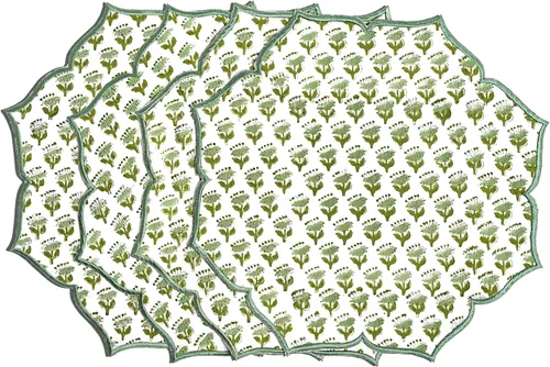 Miniatura 9 de CPC Cotton - Juego de 4 manteles individuales de algodón - Impresos a mano en bloque doble capa, lavables a máquina, manteles de mesa bordados
