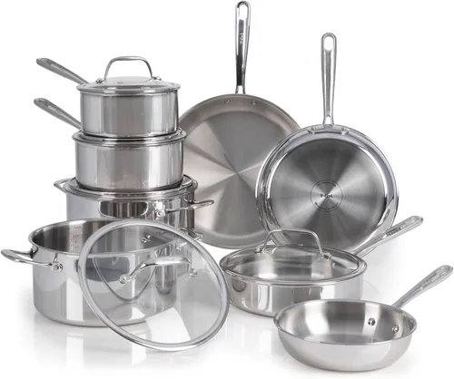T-Fal Pro - Juego de utensilios de cocina de acero inoxidable tricapa, 13 piezas, compatible con inducción, apto para horno hasta 500F, tapas aptas