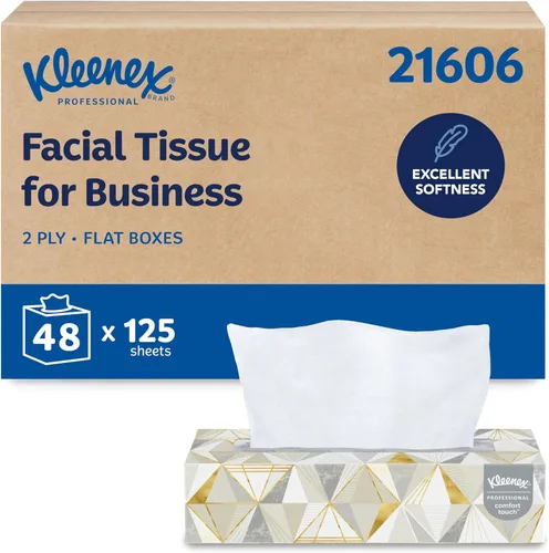 Kleenex Pañuelo facial profesional, a granel (21606), 2 capas, blanco, formato de caja plana, diseñado para negocios (125 tejidos/caja, 48 cajas,