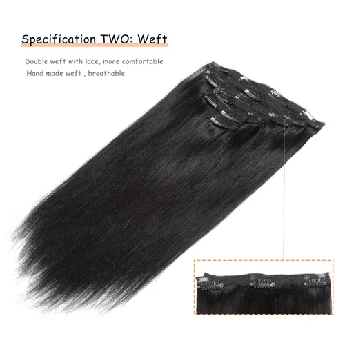 Miniatura 4 de Caliee Extensiones de cabello con pinzas de cabello humano 14 pulgadas Color 1 Negro azabache trama doble invisibles Extensiones de cabello humano
