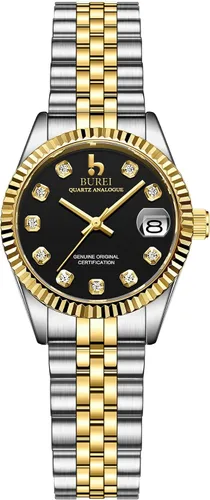 Miniatura 11 de BUREI Reloj de negocios para mujer con fecha de día, movimiento de cuarzo analógico, pulsera de acero inoxidable de oro plateado, reloj de moda