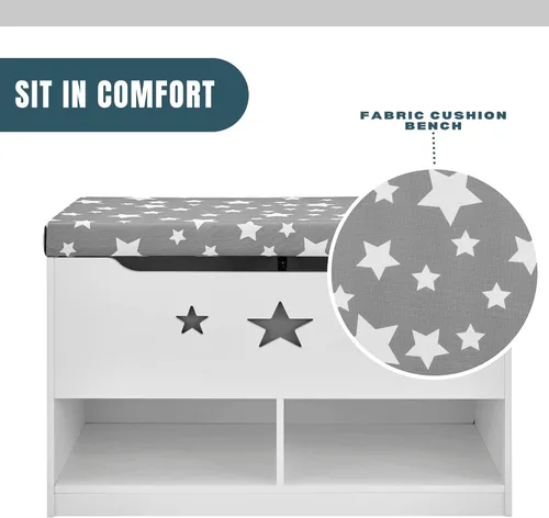 Miniatura 4 de Sturdis Caja de juguetes para niños, color gris y blanco con asiento de banco de almacenamiento de cojines, baúl de almacenamiento de juguetes