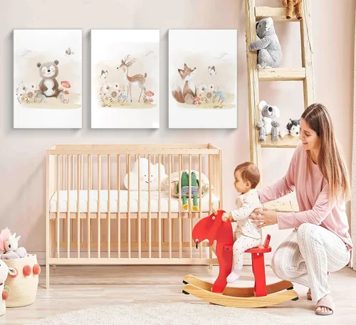 Miniatura 5 de MIZILI Lienzo de animales del bosque para cuarto de bebé, arte de pared, pinturas de animales salvajes, acuarela, decoración de pared, oso zorro