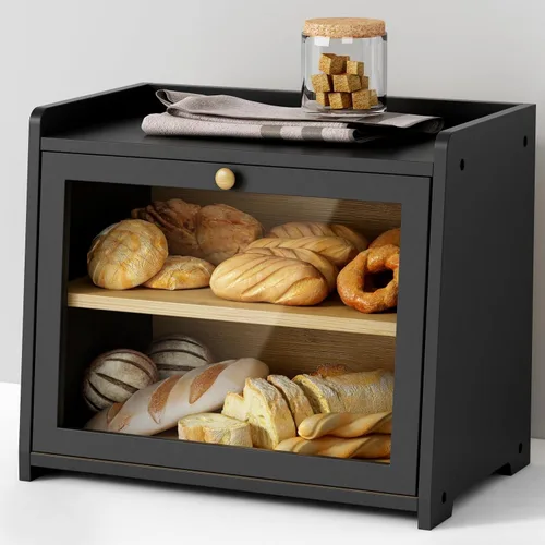 Caja de pan negra Goozii para encimera de cocina, contenedor grande de almacenamiento de pan para pan casero, organizador de caja de pan de granja