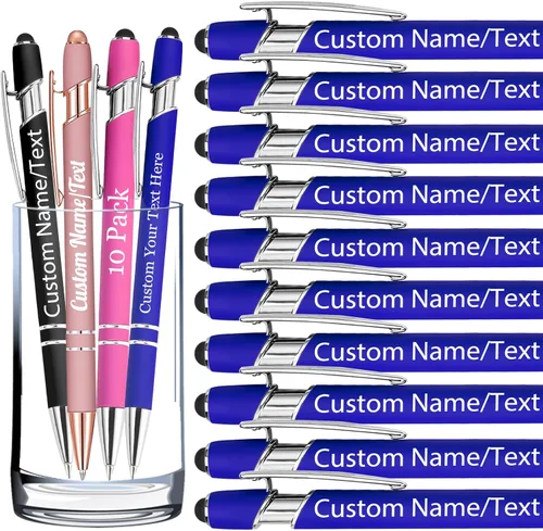 Miniatura 44 de Bolígrafos personalizados con nombre, paquete de 10 bolígrafos personalizados a granel, bolígrafo de tinta negra grabada con punta de lápiz óptico