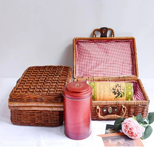 Miniatura 6 de Maleta de ratán cesta de almacenamiento tejida a mano de mimbre vintage maleta organizador de maquillaje bolsa de ratán cesta de picnic para viajes