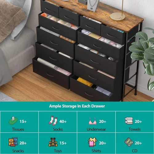 Miniatura 6 de VASICAR Cómoda grande para dormitorio con 12 cajones profundos, cómoda de tela alta, cómoda para armario, guardería, sala de estar, lavandería, Negro