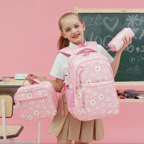 Miniatura 34 de goldwheat Mochilas impresas margaritas con paquete de almuerzo, estuche de lápices 3pcs, bolsa ligera resistente al agua para la escuela secundaria