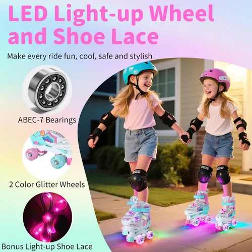 Miniatura 2 de BELEEV Patines de ruedas para niñas, 4 tamaños ajustables con 8 ruedas LED iluminadas y cordones de zapatos, seguros y divertidos para niños