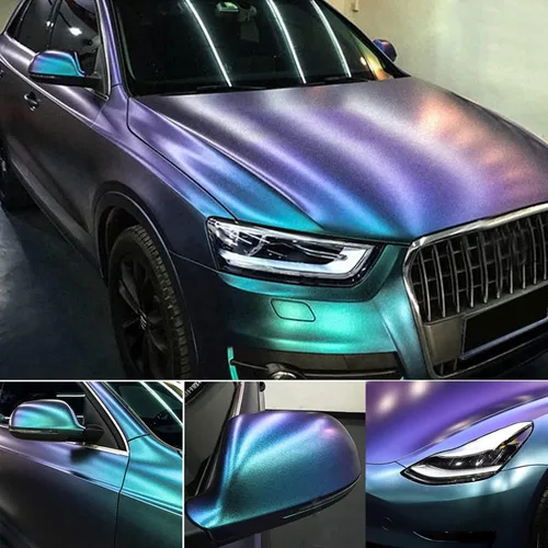 Miniatura 17 de Vinilo adhesivo de coche de color morado metálico brillante a azul camaleón, cinta adhesiva de película adhesiva de liberación de aire