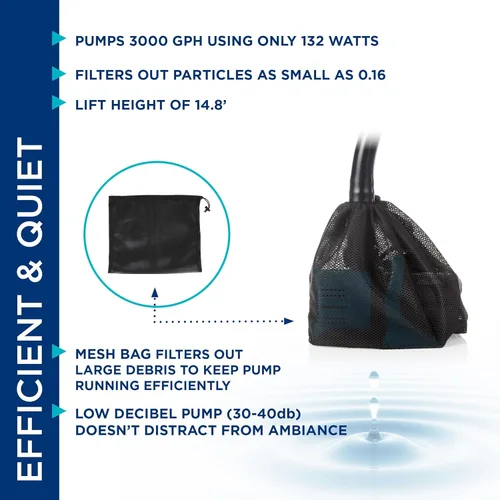 Miniatura 8 de Alpine Corporation PEG3000 Bomba sumergible de ahorro de energía Vortex de 3000 GPH — Diseño duradero y eficiente para estanques, cascadas