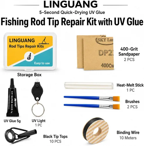 Miniatura 2 de 10PCS Bulk Fishing Rod Tip Repair Kit for Baitcaster & Spinning Pole, Small to Large Stainless Steel Top Replacement for Freshwater & Saltwater