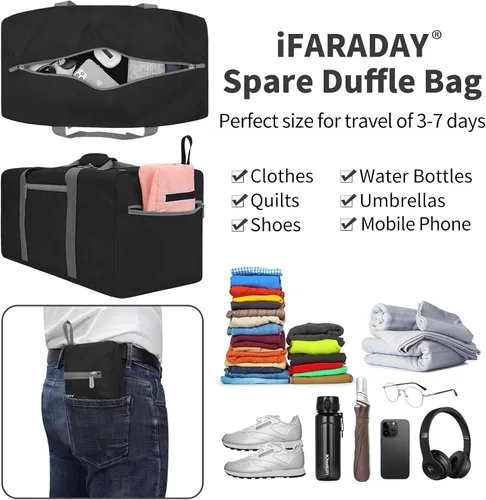 Miniatura 4 de Bolsa de lona plegable de 22 pulgadas, pequeña bolsa de equipaje ligera para viajes, gimnasio, deporte, Negro -, Bolsa de lona pequeña