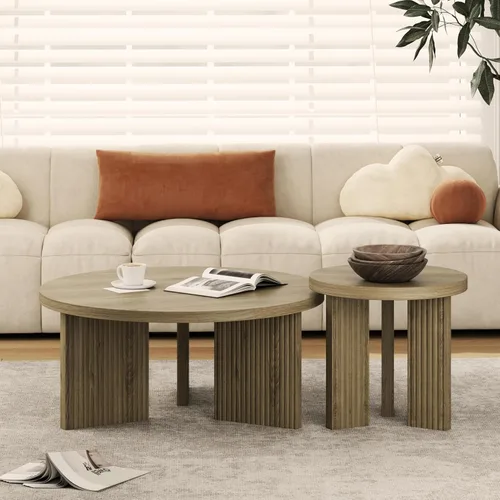 Miniatura 19 de Mesa de café redonda de madera, mesa de café de 35" con mesa gruesa y lisa, mesa central baja circular con patas estables en forma de X, mesa de té
