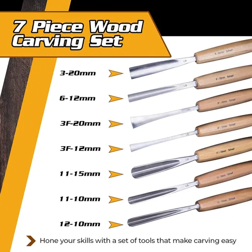 Miniatura 4 de Juego de herramientas de tallado de madera afiladas a mano, juego de 7 cinceles y gubias con estuche de lona, herramientas de carpintería de acero