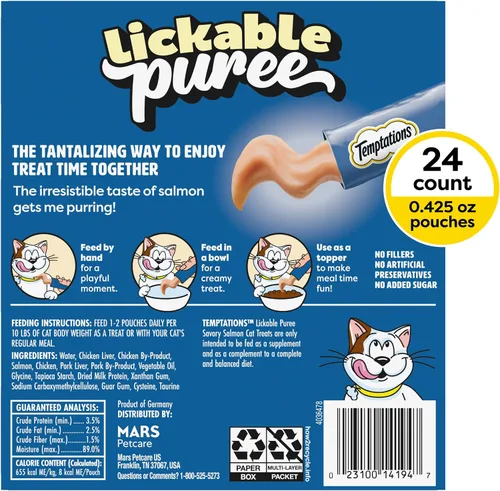 Miniatura 3 de Temptations Creamy Puree - Golosinas húmedas exprimibles para lamer para gatos con salmón, tubos de 0.42 onzas, 24