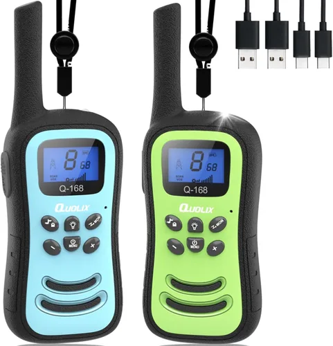 QUOLIX Walkie Talkies para niños, paquete de 2 unidades, juguetes recargables para niños de 3 a 12 años, Walkie Talkie de largo alcance con 22