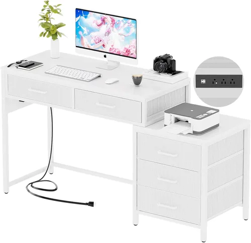 Miniatura 10 de Unikito Escritorio de computadora reversible con 5 cajones, escritorio de oficina resistente con tomas de corriente y puertos USB, mesa de escritura