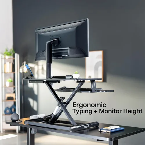 Miniatura 8 de VIVO 32 inch Electric Motor Desk Converter, Height Adjustable Riser, Sit to Stand Dual Monitor and Laptop Workstation with Wide Keyboard Tray