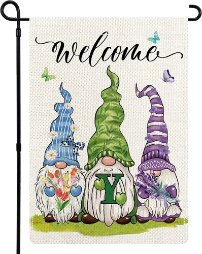 Miniatura 14 de Bandera de jardín con monograma de flores de gnomos de primavera, bandera de gnomo floral con letra inicial, bandera de bienvenida de primavera