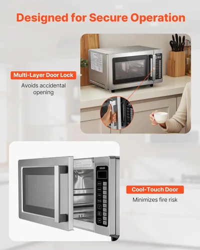 Miniatura 6 de VEVOR Horno microondas comercial, 0.9 pies cúbicos, 1000W Horno microondas digital de acero inoxidable para encimera con pantalla táctil, 10 ajustes