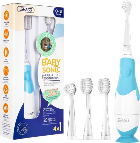 SEAGO Cepillos de dientes eléctricos para bebés de 0 a 3 años, cepillo de dientes para bebé con temporizador inteligente y base de succión, 4 Azul-C