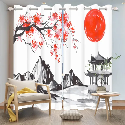 Miniatura 23 de Cortinas japonesas con pintura de tinta, monte Fuji, sol rojo, puesta de sol, hojas de bambú, cortinas de ventana para dormitorio, sala de estar