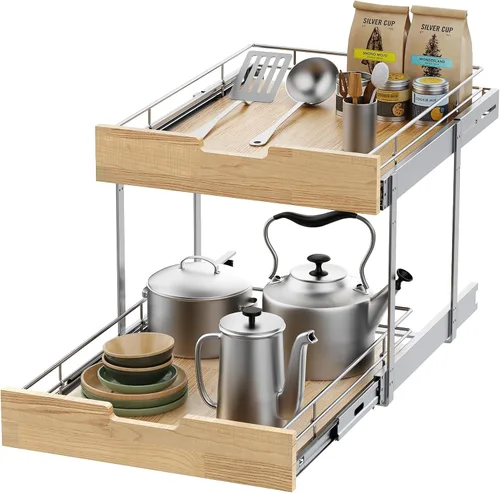 Miniatura 10 de Sikarou Organizador de gabinete extraíble, estante deslizante resistente, cesta de madera y alambre, cajón extraíble para cocina debajo