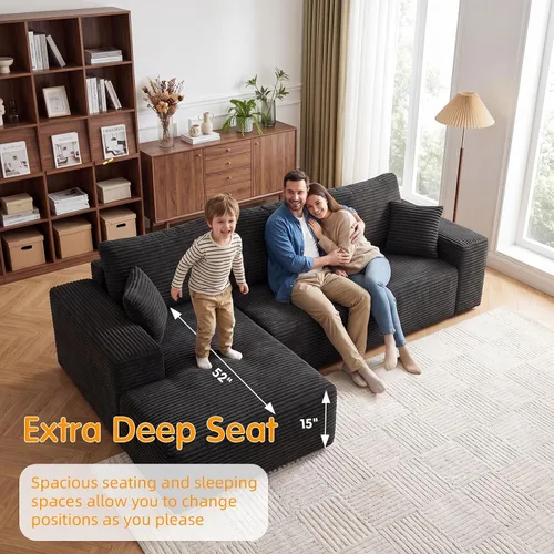 Miniatura 7 de Sofá seccional Cloud de 104 pulgadas con diván en forma de L, moderno sofá modular seccional de pana, sofás sin hueso para sala de estar y Negro
