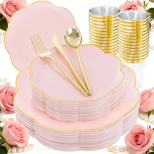 Miniatura 19 de ejonirinjonir EI - 180 platos de plástico beige con cubiertos de plástico dorado, platos desechables de alta resistencia para fiestas, juego